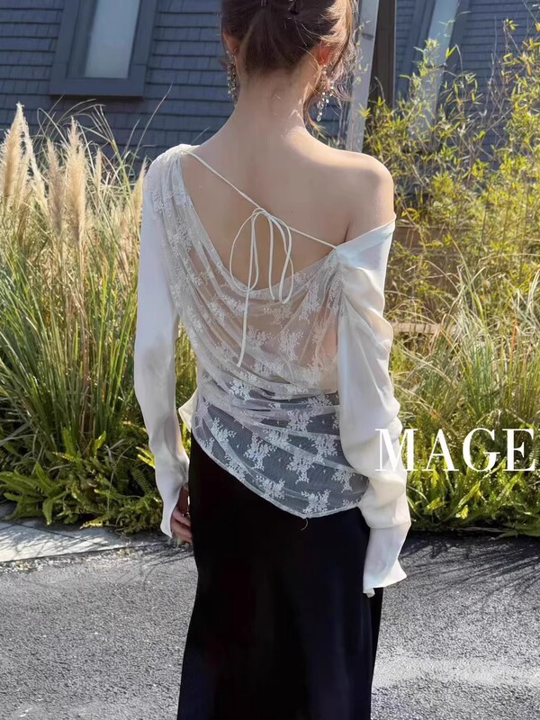 Cross-Border Autumn New Women's Clothing High-End Niche Lace Splicing Mesh Off-Shoulder Long-Sleeve Shirt with Backless Lazy Style Cross-Border Autumn New Women's Clothing High-End Niche Lace Splicing Mesh Off-Shoulder Long-Sleeve Shirt with Backless Lazy Style