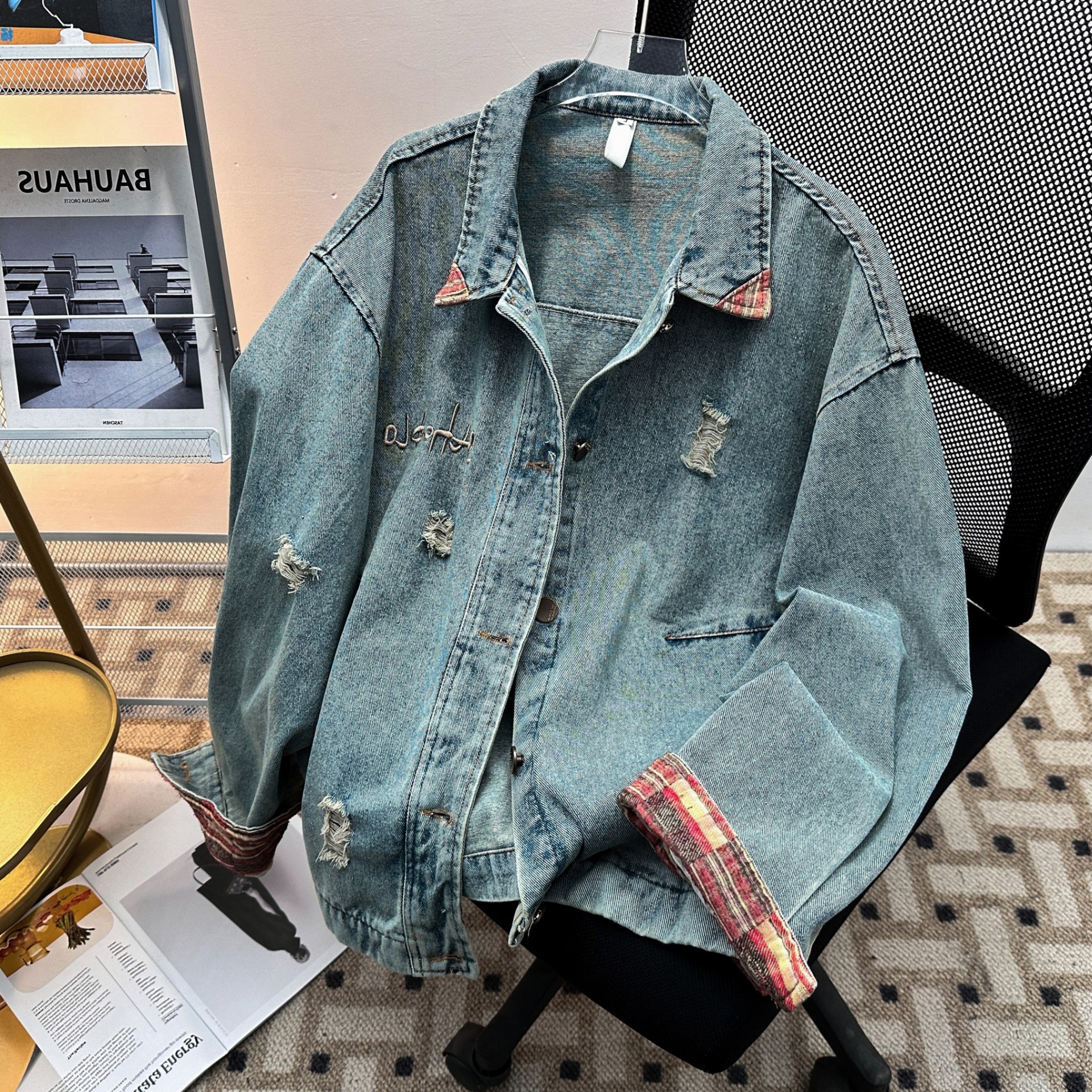 Retro Washed Distressed Embroidered Denim Jacket Men's Trendy Brand Loose Patchwork Jacket_voghion.com
