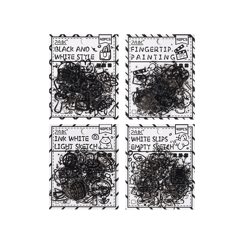 Paquete de pegatinas de pet transparente impermeable de pintura simple en blanco y negro, pegatinas de diario de cuentas de bricolaje, elementos en blanco y negro, papel de vida de dibujos animados