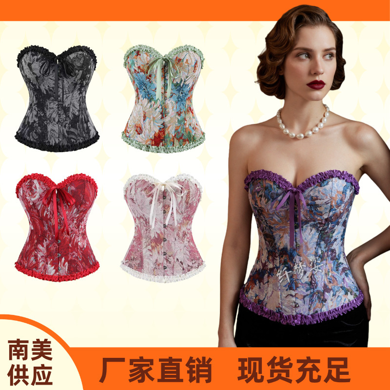 Retro Palace-Style Corset with Monet Oil Painting Jacquard, Ruffled Lace Shapewear, Cross-Border Supply Fishbone Corset