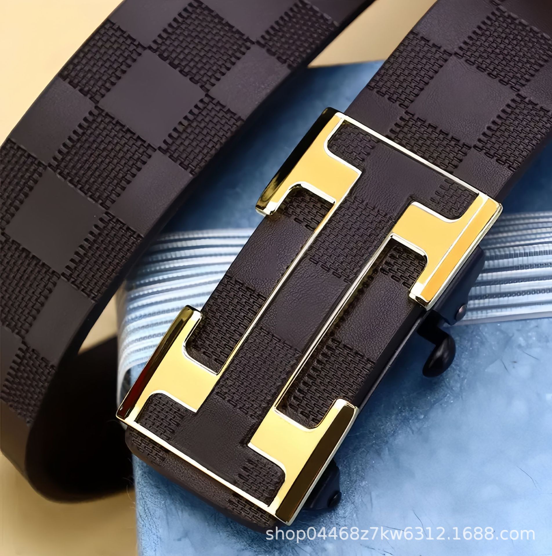 New Men's Leather Belt Business Waist Belt Checkered Pattern Toothless Automatic Buckle Casual Versatile Waist Belt