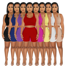 10394独立站亚马逊女装欧美跨境休闲运动两件套U领无袖短裤套装新