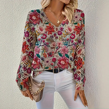 新款印花V领上衣跨境女装速卖通亚马逊爆款套头长袖春秋季毛衣