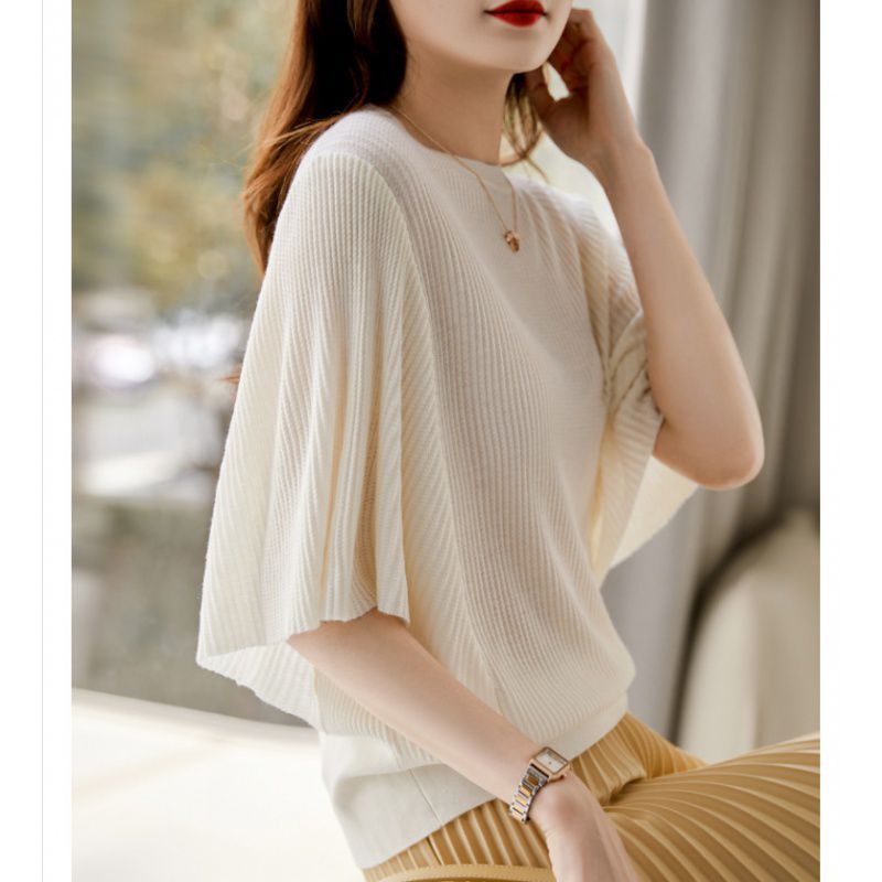 Gentle and Feminine Spliced Ruffled Sleeves French Style Comfortable Round Neck Knitted Three-Quarter Sleeve Top for Women Export