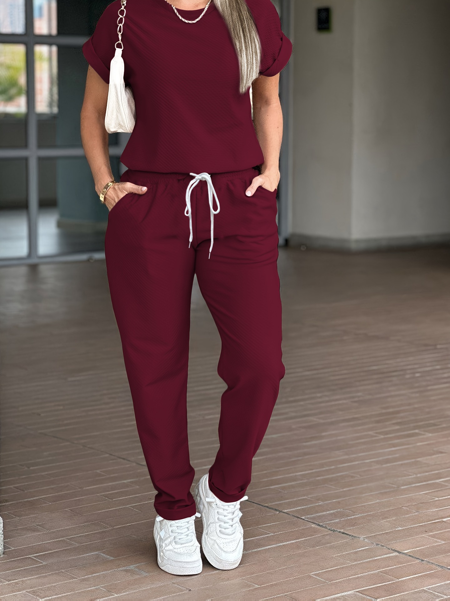 Spring Summer Women's Solid Color Sports Suit Casual Comfortable Style High Waisted Drawstring Top Versatile Short Sleeve_ecoleips.com
