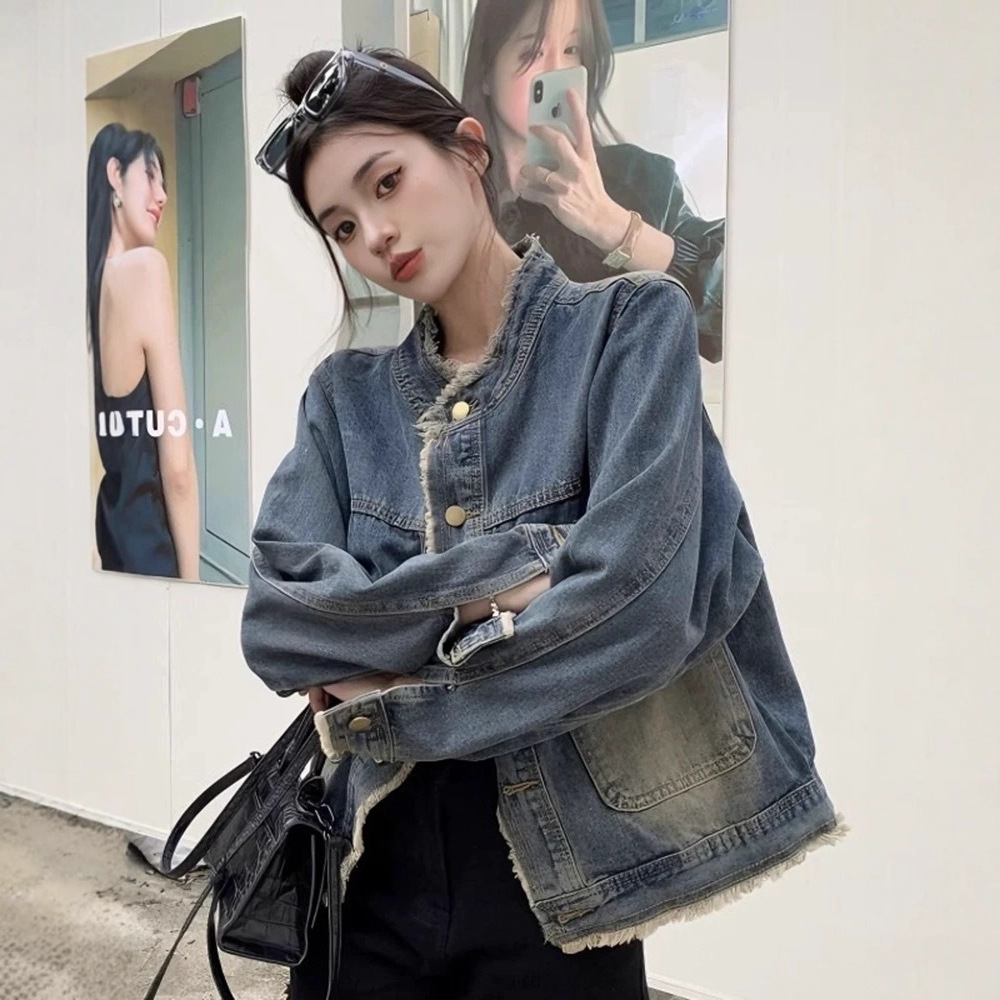 Hong Kong style retro washed frayed denim jacket for women, new spring and autumn style, Korean style, high-end, loose and slimming top jacket