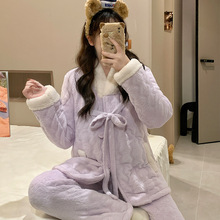 睡衣女冬季新款新中式三层加厚保暖提花夹棉国风家居服套装