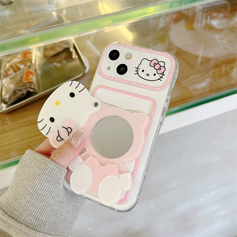 Чехол для телефона Hello Kitty, совместим с iPhone 11–16, встроенное зеркальце, с ремешком/без