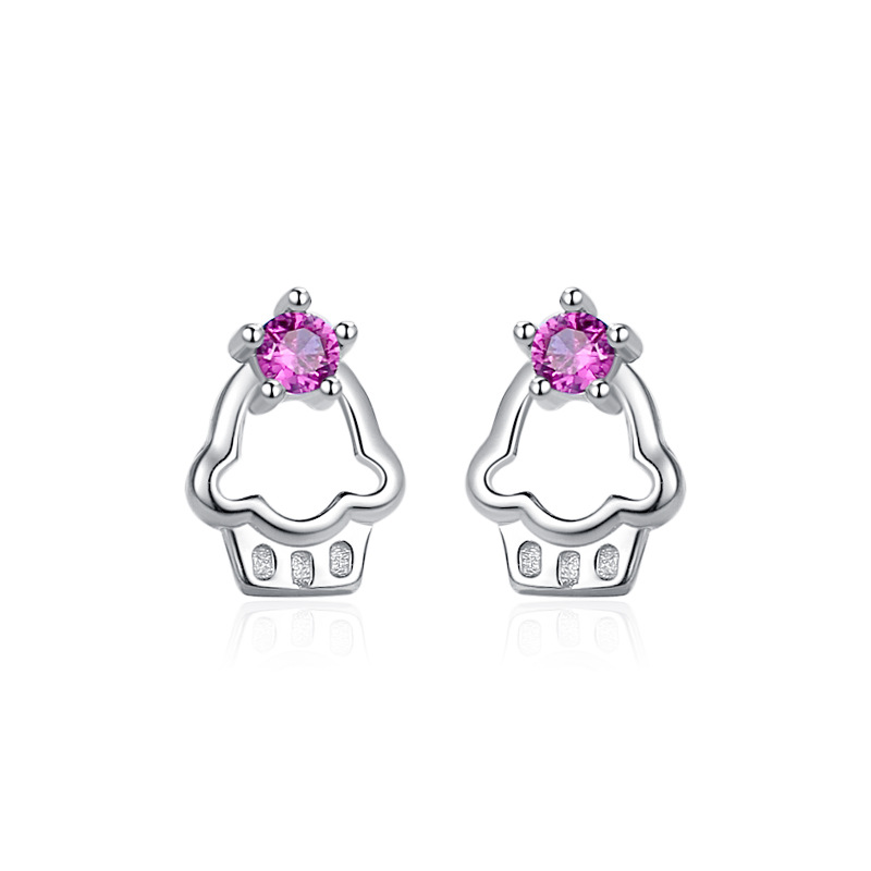 Lindo pequeña cesta de flores pendientes de plata esterlina de las mujeres S925 micro diamante-incrustado estilo japonés y coreano Red pendientes rojos creativo cesta de flores portátil