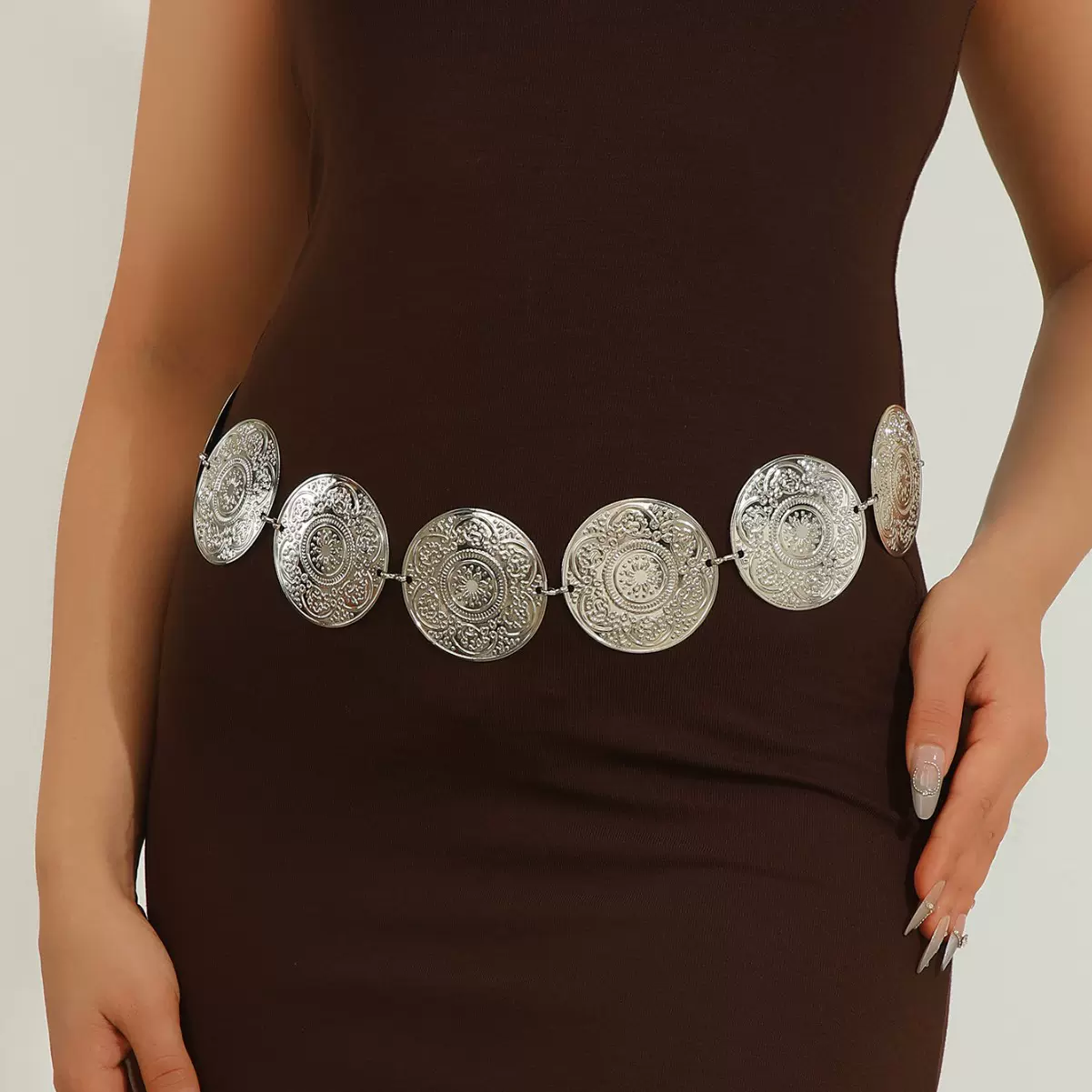 跨境热卖金属腰链复古欧美风圆盘腰带西部风调节腰链身体链批发