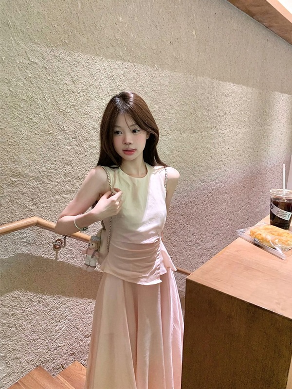 实拍   优雅少女粉色大裙摆气质连衣裙|undefined