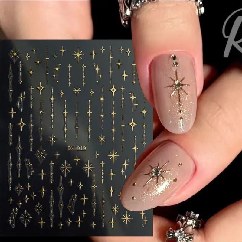Trendy Hexagram Nail Stickers Ins-Style Gold and Silver Foil Adhesive Thin Flexible Nail Decals