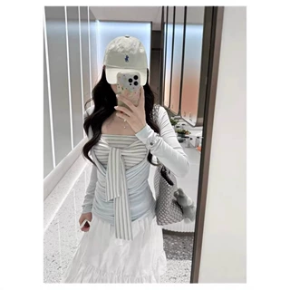 韩系天丝条纹荡领罩衫长袖t恤女春季显瘦抹胸条纹叠穿两件套上衣