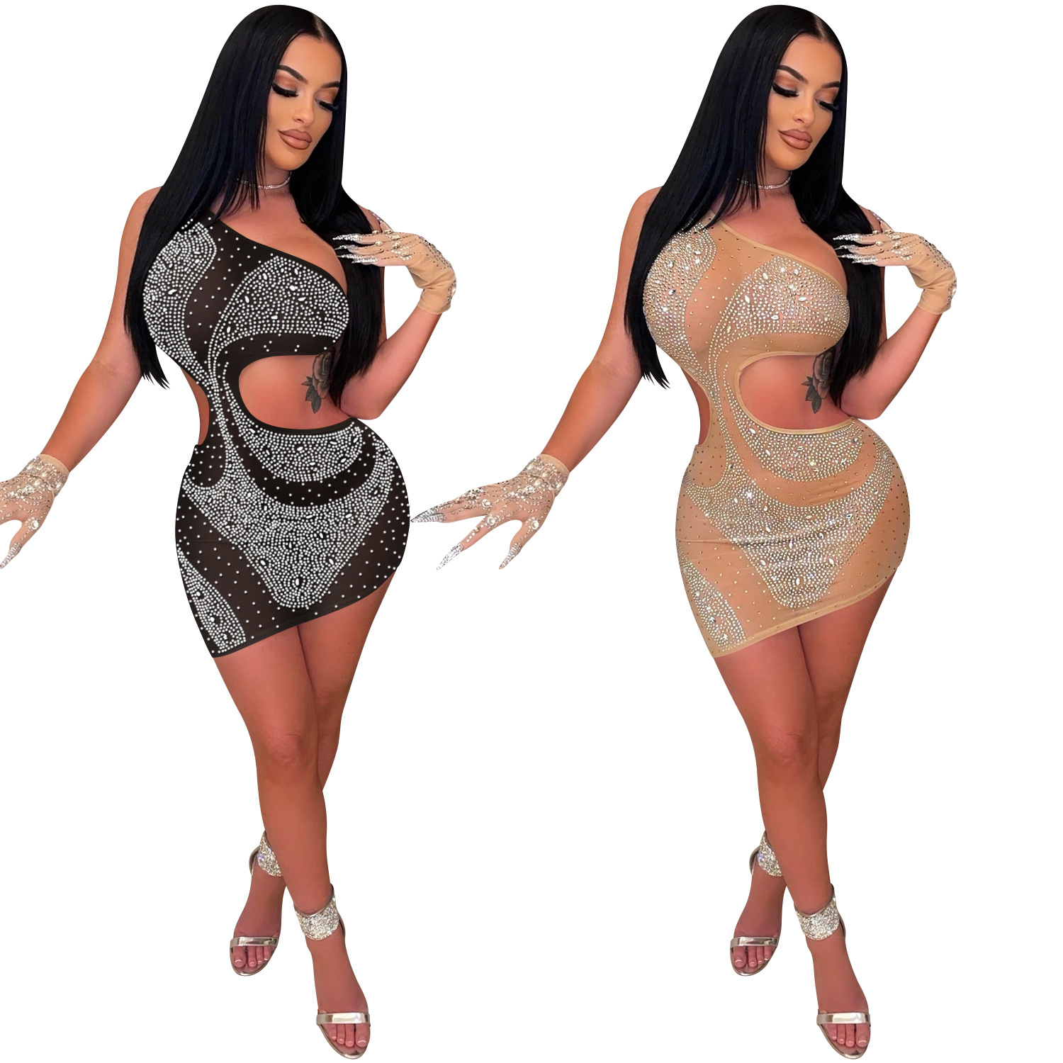 C563 transfronterizo AliExpress Amazon moda europea y americana sexy club nocturno apretado rhinestone vestido hueco ropa de mujer