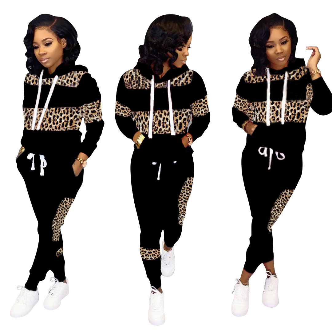 Ld8626 European and American Clothing Amazon Leopard Print Splicing Hooded Sports Long Shirt Two-Piece Set
