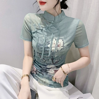 设计感感国盘扣立领短袖印花T恤女打底衫上衣实一件起批代发包邮