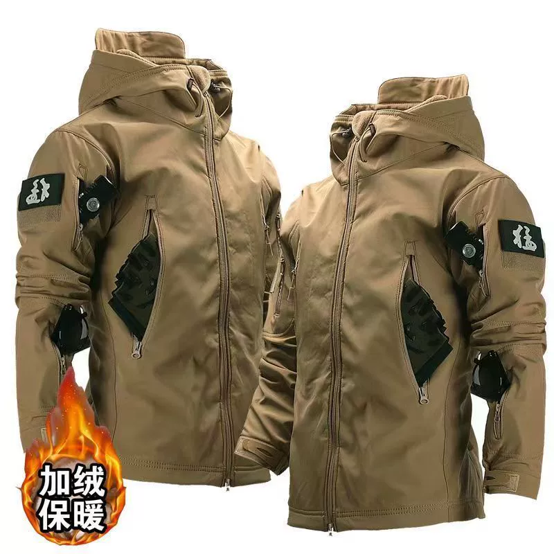 Мужская куртка из мягкой ткани типа "акульей кожи", зимняя водонепроницаемая и ветрозащитная, с флисовой подкладкой, подходит для езды на велосипеде, альпинизма и катания на лыжах, камуфляжный дизайн.