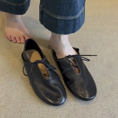 羊皮版~复古平底两穿小皮鞋女系带镂空圆头玛丽珍单鞋百搭奶奶鞋