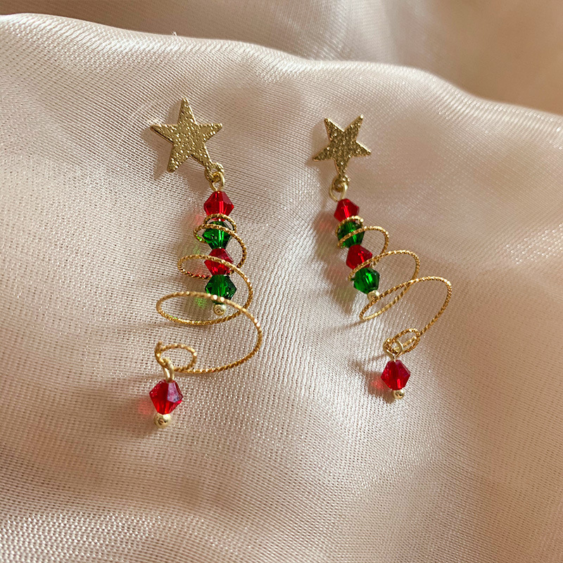 水滴クリスマスツリーのイヤリングの新商品2024の爆発的な雰囲気感クリスマスのピアスの周囲の顔のイヤリングの女性の高級感|undefined