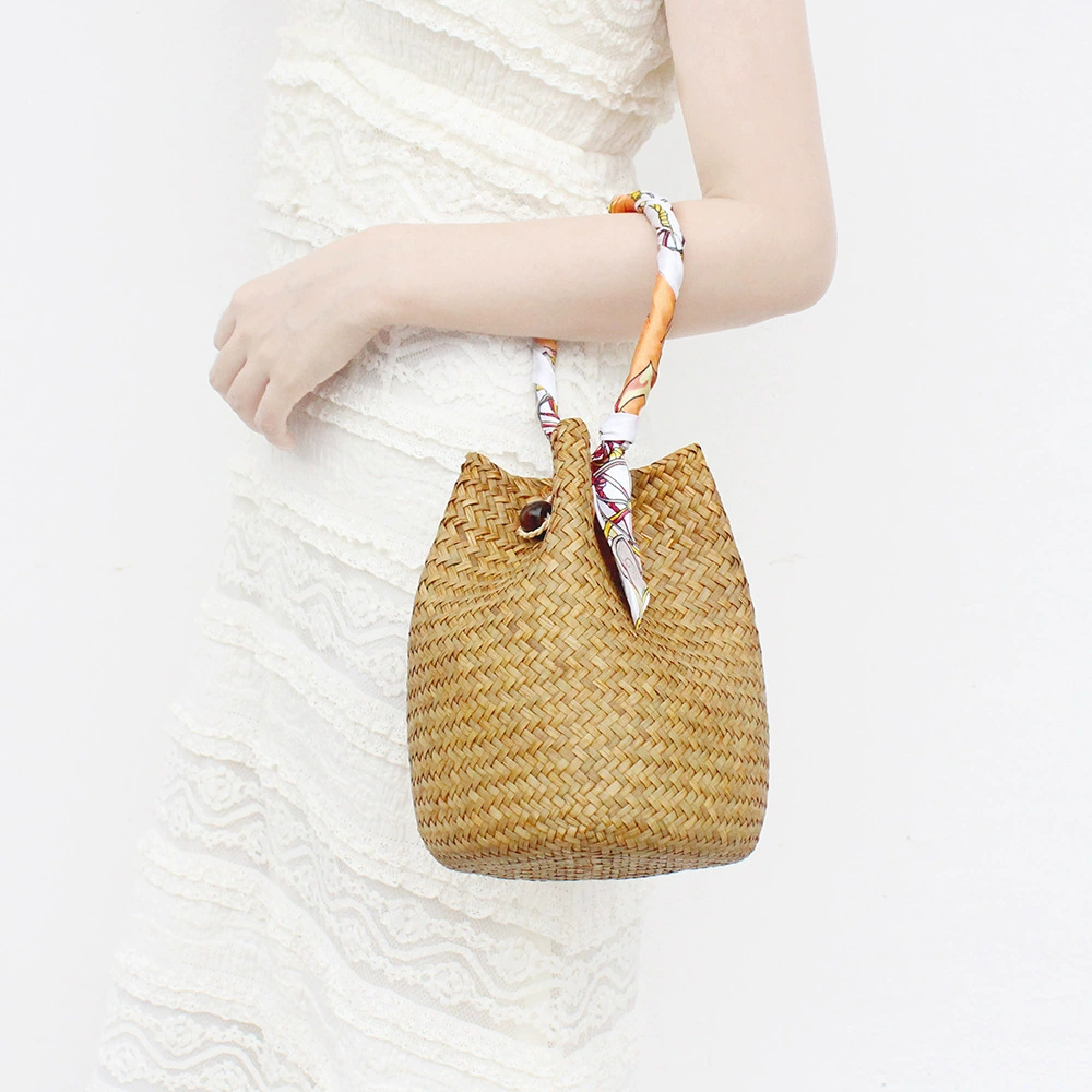 Woven bucket, straw beach bag one shoulder, handmade, Thailand, french style