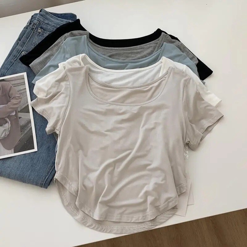 Basic Style Draped Modal Square Collar Short-Sleeved T-Shirt Women's Summer Slim-Fit Short Base Casual Thin Top