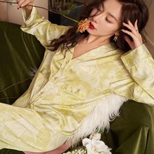 仿真絲和服領印花緞面薄款家居服女法式風高檔睡衣女套裝廠家直銷