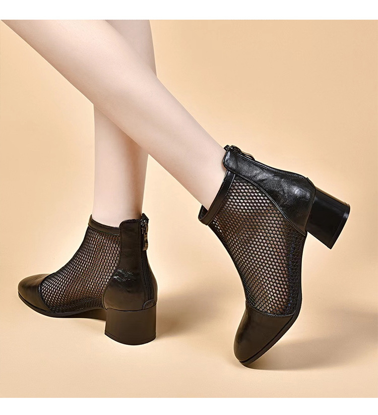 Sandal bít mũi gót cao vừa phong cách La Mã đế dày lưới da thật cho nữ — Màu đen Cashmere chi tiết 8