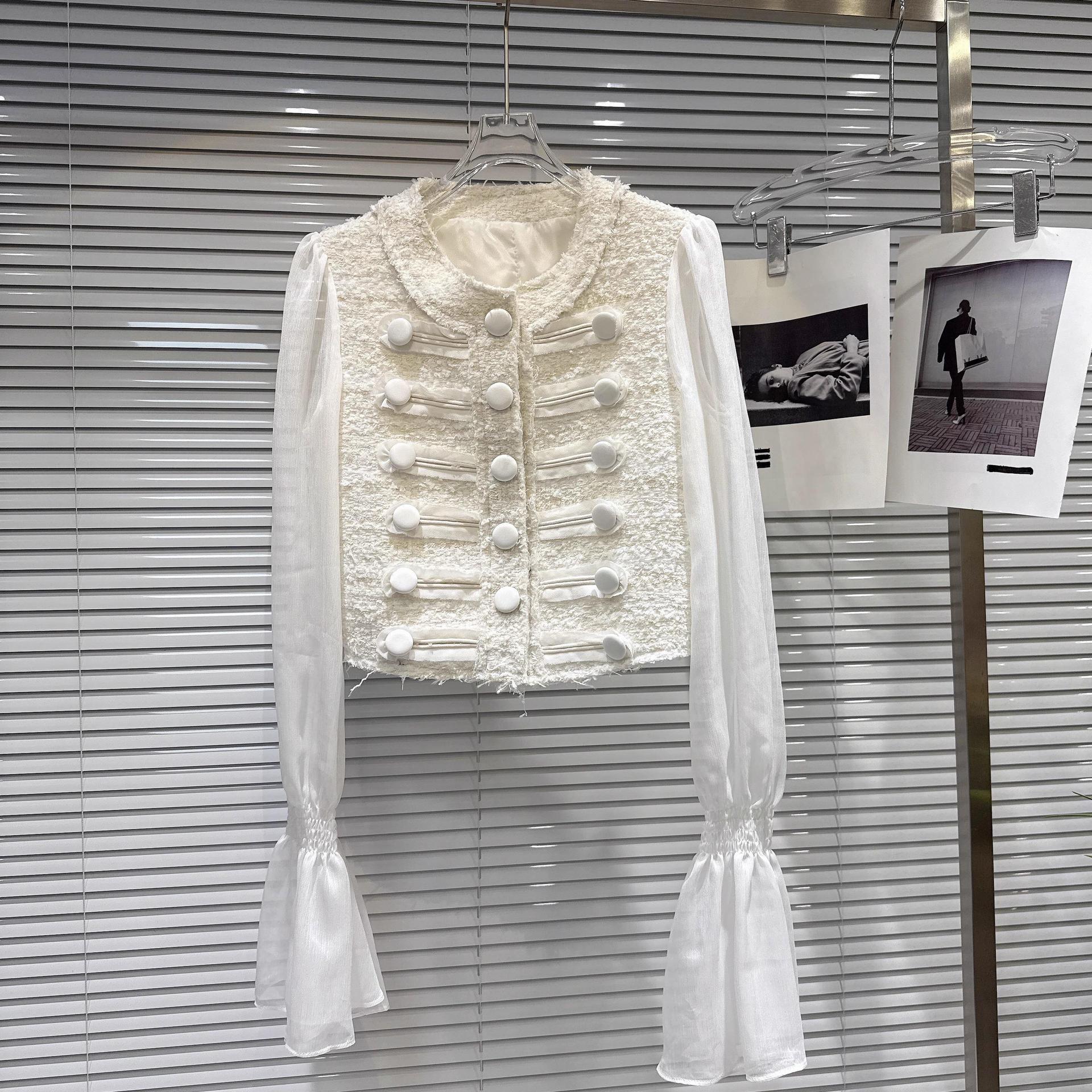 Nanyou Xiaoxiangfeng 2025 Autumn New Light Luxury Embroidered Rib Button Mesh Sleeve Patchwork Tweed Short Jacket