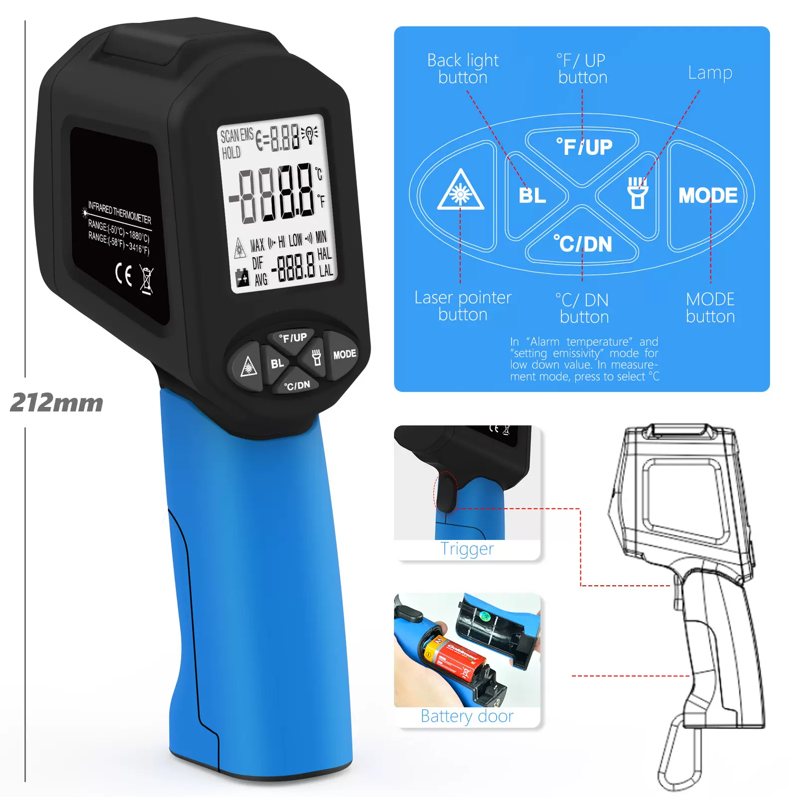 华普HP-1880高温双激光型测温仪工业电子温度计红外手持测温枪