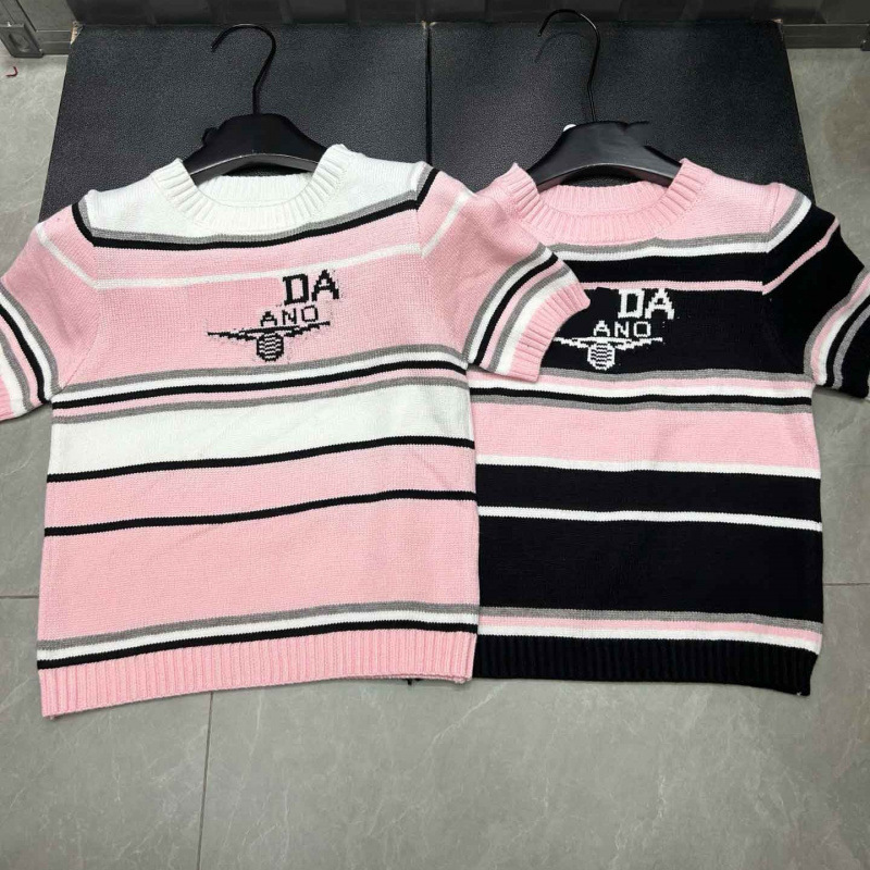 Sweet and Cute Style Striped Color-Blocked Round Neck Short-Sleeved Knit Top for Women, Summer Loose Fit Slimming Pink Pullover Top