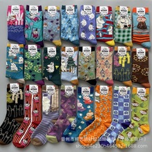 新品日单姆明亚美卡通图案森系文艺女袜可爱甜美中筒潮棉袜子批发