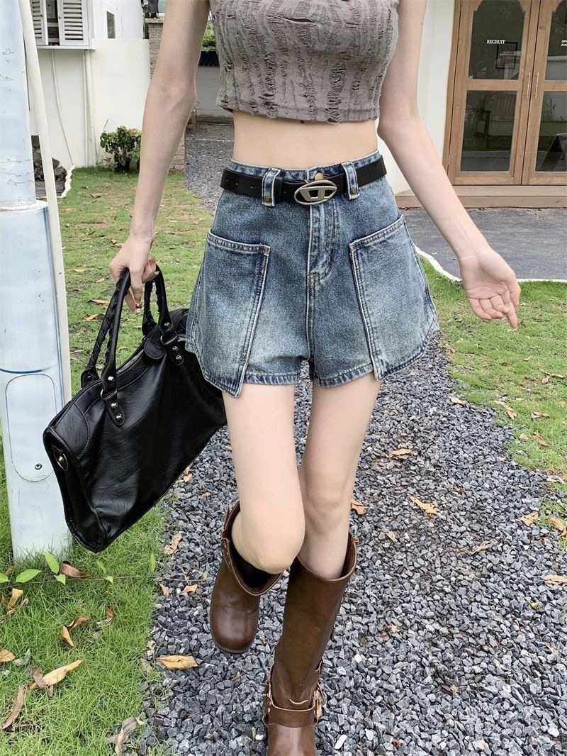 Quần short denim nữ lưng cao túi hộp phong cách vintage ống rộng — Lời bài hát: Blue (No Belt - Pants) chi tiết 1