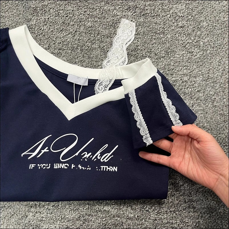 アメリカのギャルvネック半袖tシャツ女性の夏の高級感レースのつなぎ合わせ