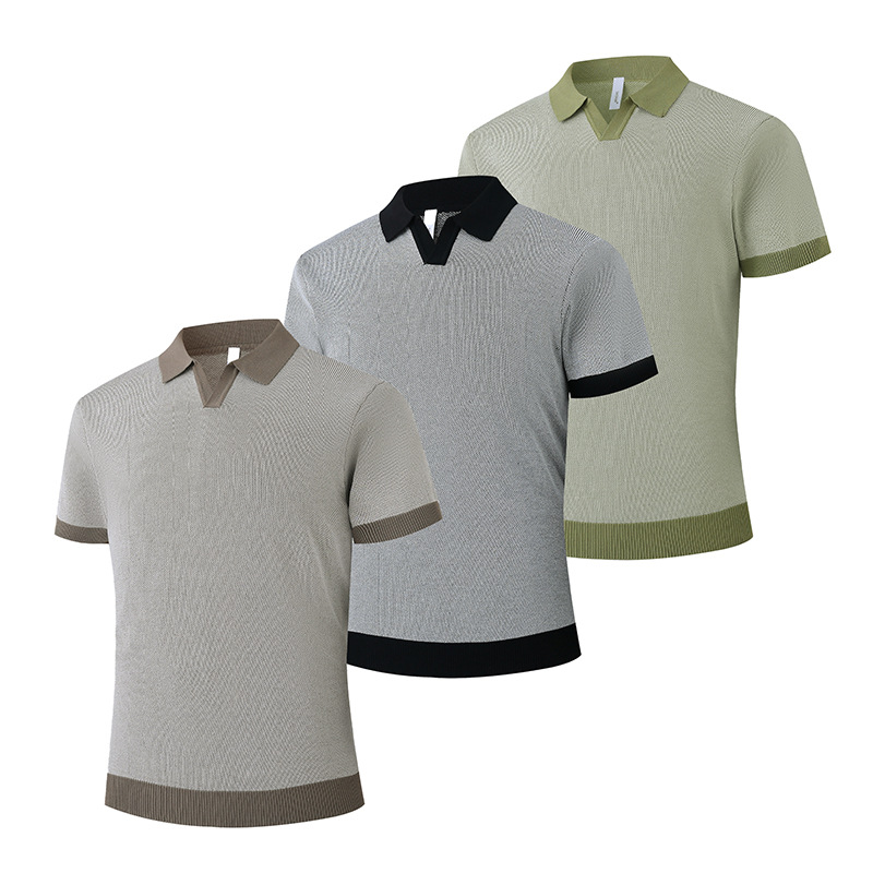 Polo camiseta de punto camiseta de manga corta hombre cuello V gaviota cuello viejo viento de negocios camiseta de hielo de verano fábrica transfronteriza al por mayor