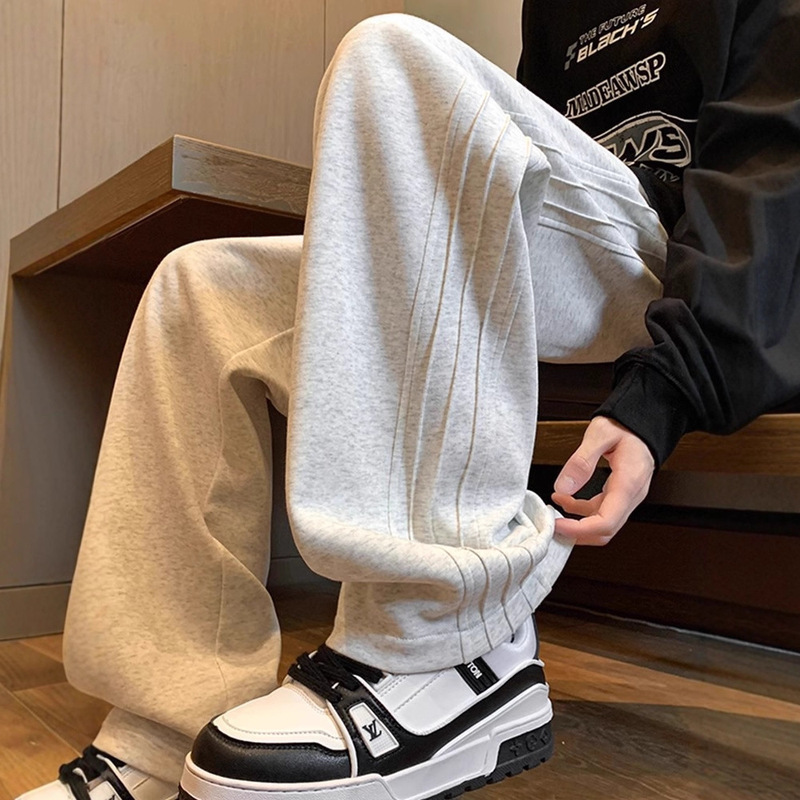 Spring American-Style Heavyweight Loose-Fit Sports Sweatpants for Men, Retro Gray Wide-Leg Pants, Youth Drapey Casual Pants, Trendy