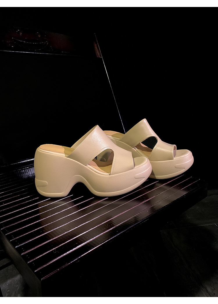 Dép sandal nữ quai chữ V đế bánh mì cao 10 cm da bò thật — màu trắng ngà, màu mơ chi tiết 17