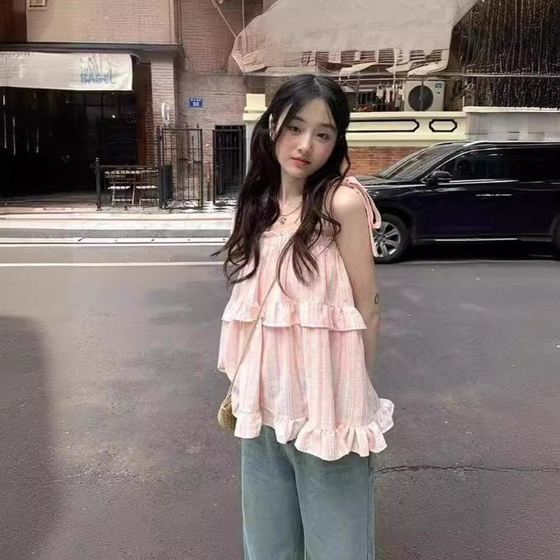 French Blue Striped Camisole Babydoll Top for Women, Spring and Summer Short Design, Niche Loose Shirt