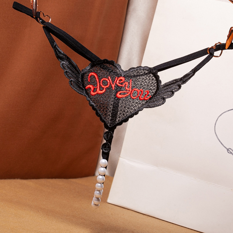 Tempting Heart-Shaped Thong for Women, One-Piece Strap, Pure Desire, Small Pearl, See-Through Jacquard Embroidery, Valentine's Day Date Lingerie