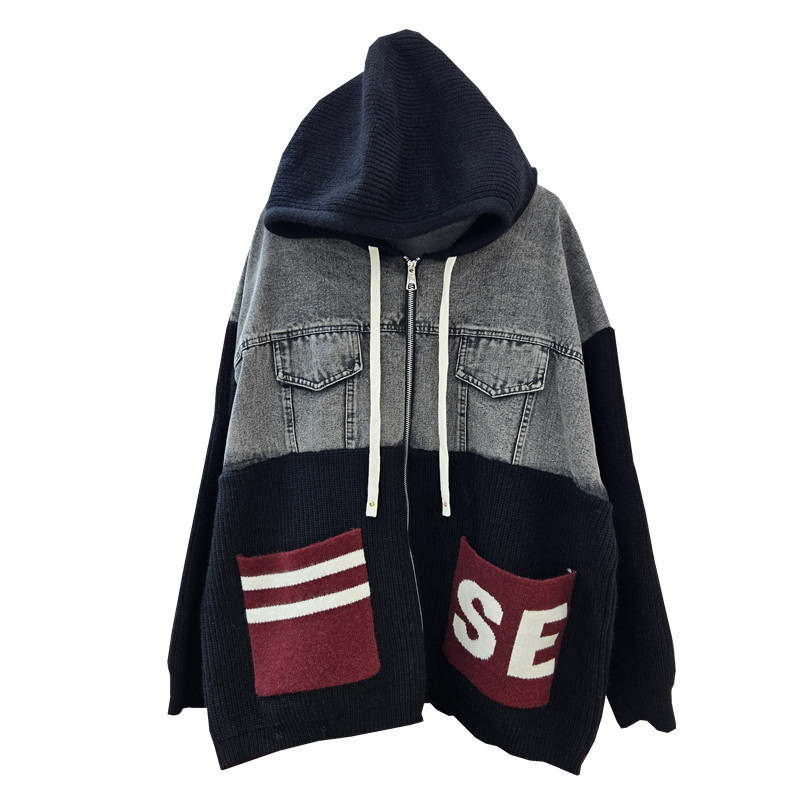 Capuzed empalme letras denim tejo 2025 otoño y invierno nuevo suéter de diseño de viento relajado sensación abrigo de moda