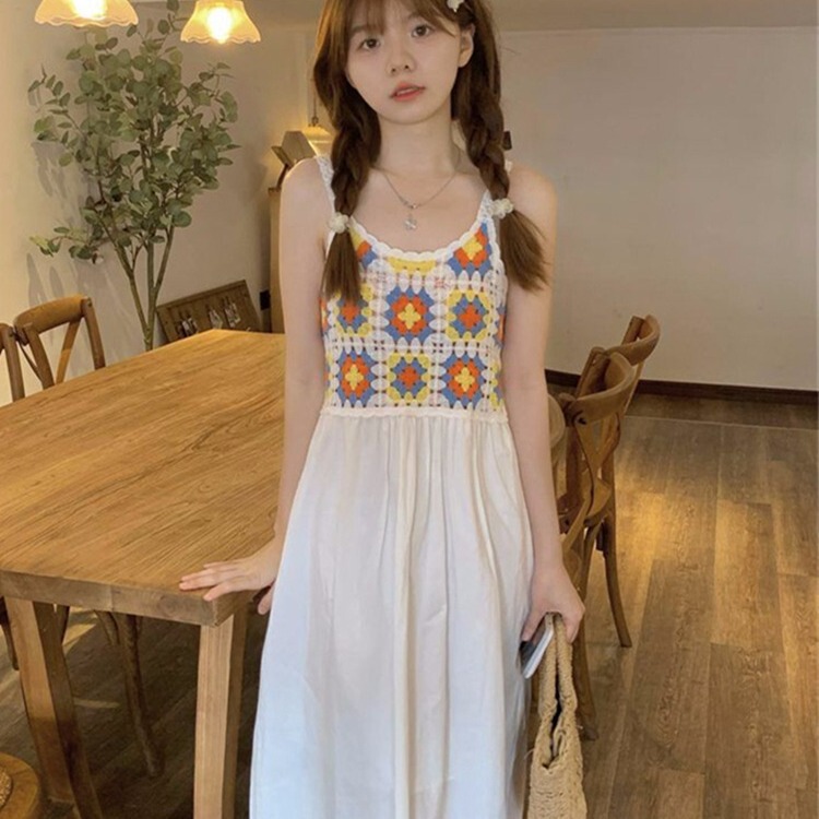 Mid-Length Dress with Round Neck and Spaghetti Straps, Women's Holiday Style Sweet Spaghetti Strap Dress, Hollow-Out Cool Style Fairy Dress