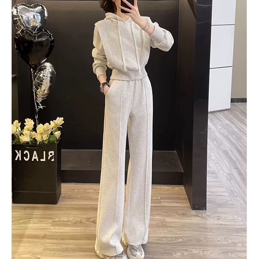 봄과 가을 하이 엔드 패션 소녀 캐주얼 운동복 정장 Xiaoxiangfeng 투피스 세트 후드 티셔츠 + 와이드 레그 팬츠