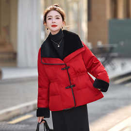 新中式国风红色翻领羽绒服女2026冬新款小香风气质洋气收腰厚外套