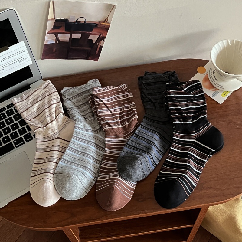 Unique Designer Women's Socks Korean Style Color-Block Striped Mid-Calf Socks Japanese Retro Flared Stacked Socks Seamless Socks