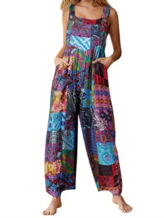 Z 51898 Ethnic Patchwork Print Button Jumpsuit �����L�B�wѝ
