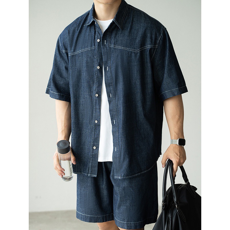 Bamboo Washed Denim Shirt Shorts Suit Men's 2025 Summer Topstitch Hand-Sewn Button Commuter Casual New Suit