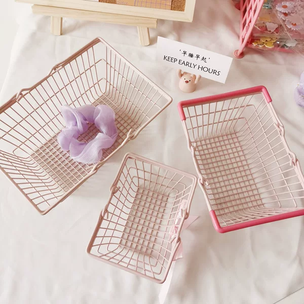 ins Style Iron Storage Basket White Sundry Basket Pink Hair Ring Storage Desktop Satchel Desktop Storage Box