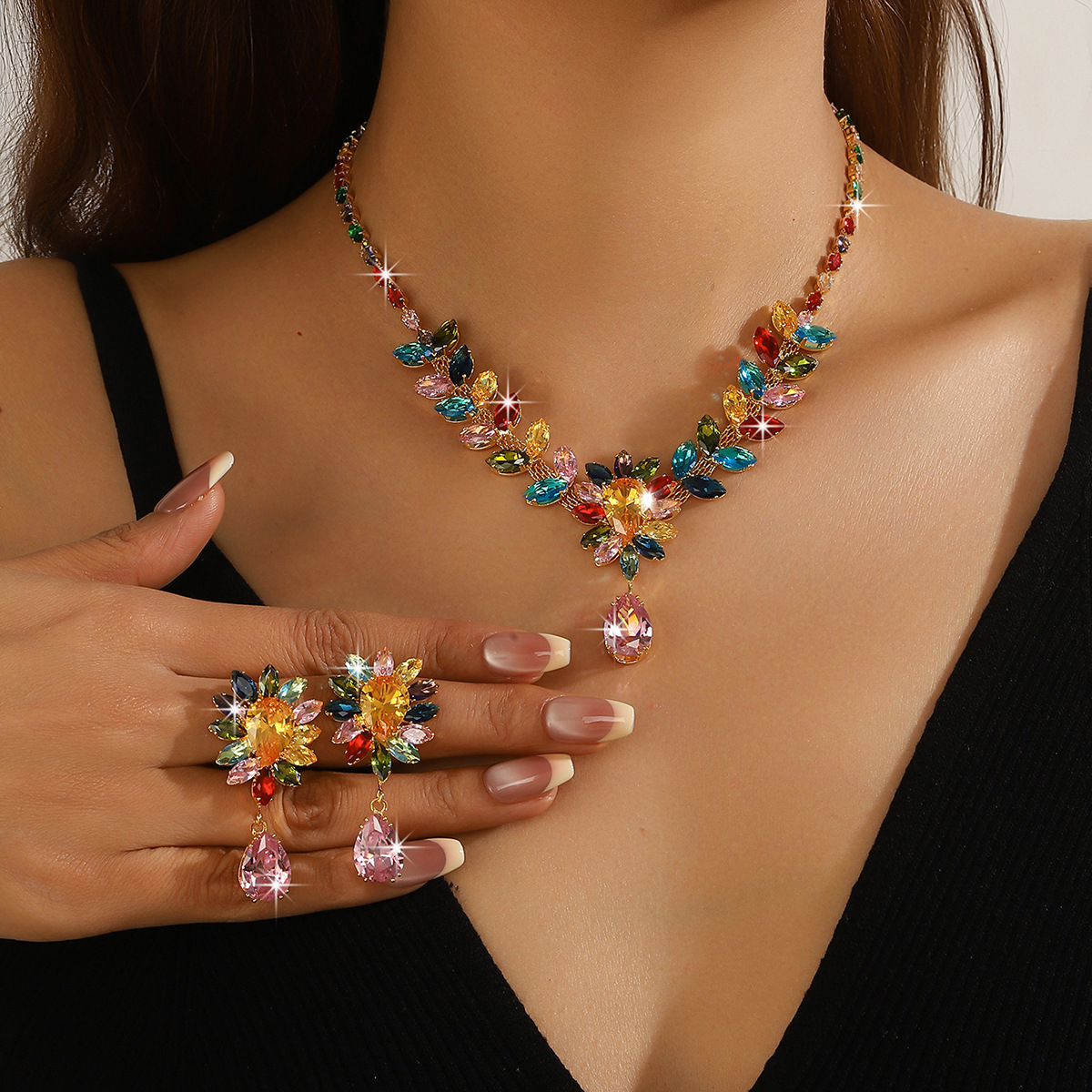 Collar de color de la industria pesada amazona orejas joyas set de moda de lujo vestido de novia cena joyas de zircon mujer image 4