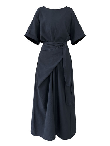 Luxi niche design cross-strap short-sleeved dress spring and summer new style waist waist slimming A-line long dress 3588