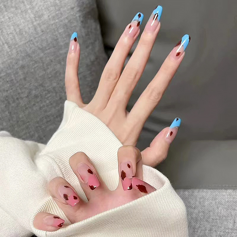 French Style Wear Armor Blue Red Mandarin Duck Color Semi-transparent Spice Girl Long Nail Patch Finished Fake Nail Patch Finished Nail Patch