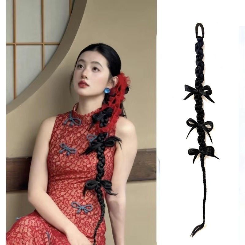 Wig Braids Female Boxing Braids Bridal Hairstyle Bow Ponytail Twist Braid Wheat Ears Red Silk New Chinese Style